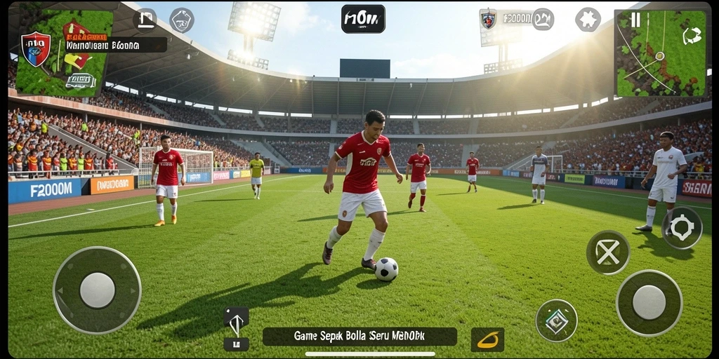 Tampilan gameplay seru dalam F200M dengan aksi sepak bola yang mendebarkan.