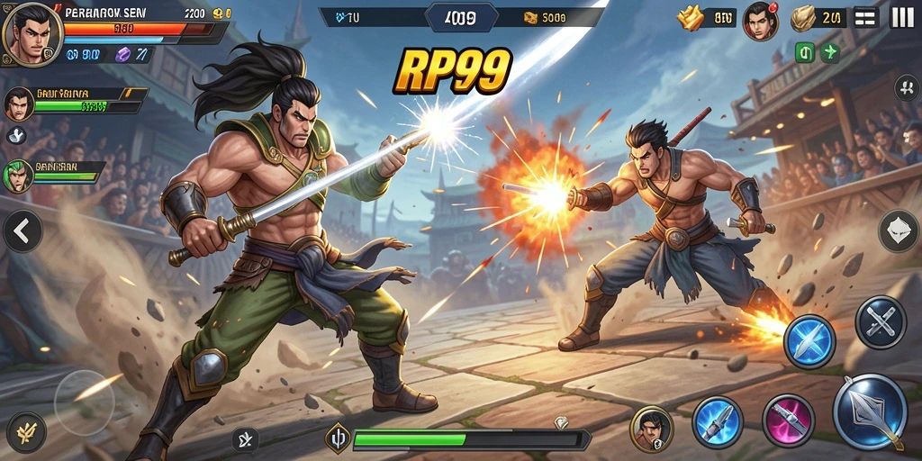Tampilan gameplay RP99 dengan pertarungan seru karakter unik.