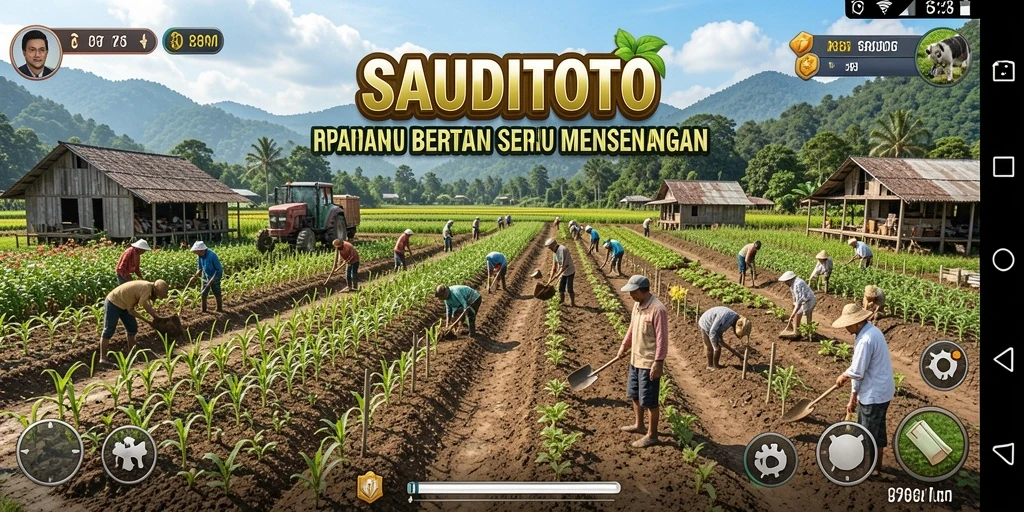 Tampilan gameplay SAUDITOTO dengan ladang subur dan aktivitas bercocok tanam.